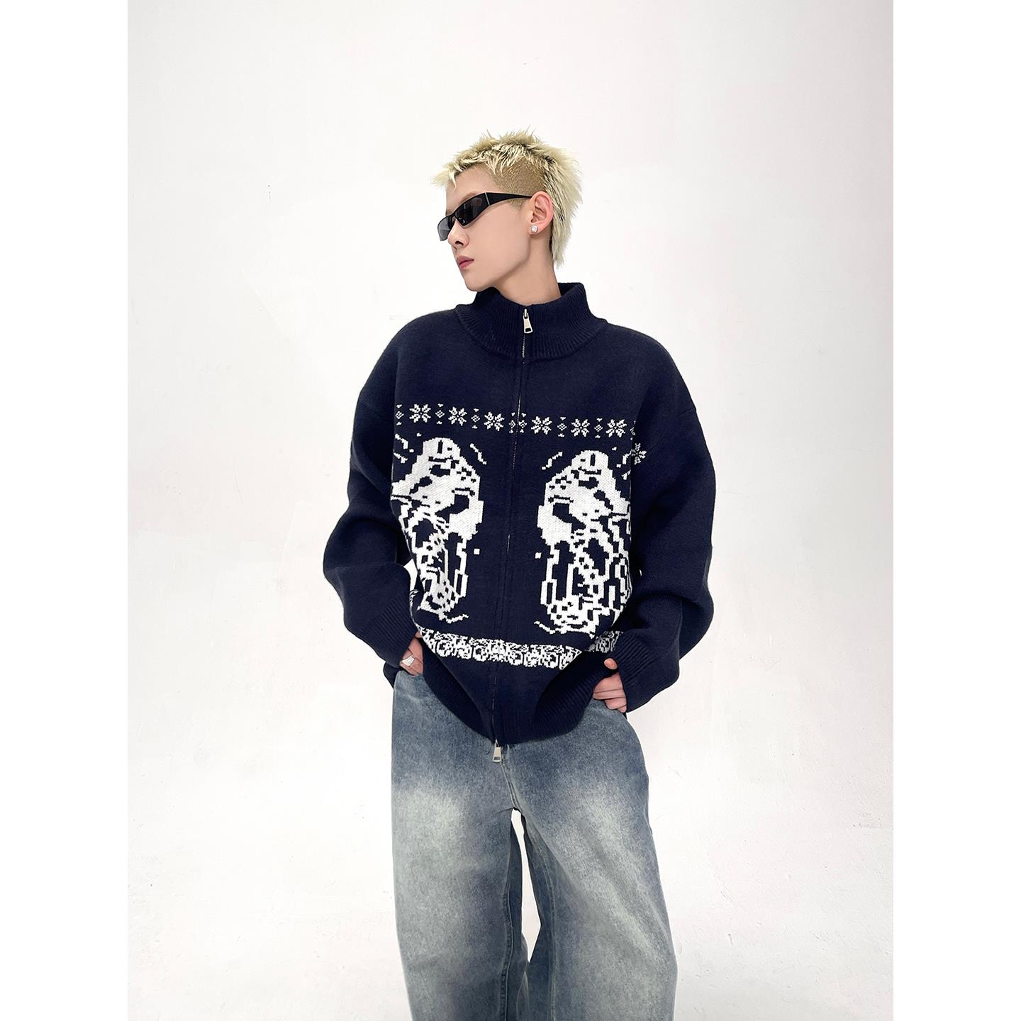 秋冬重磅半高领毛衣男女生美式双头拉链开衫提花高级感情侣针织衫