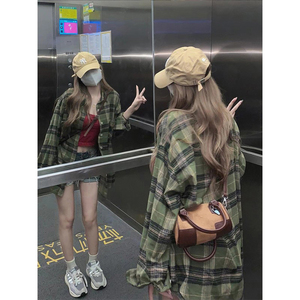 美式复古绿色格子衬衫外套男女款春秋设计感小众百搭宽松长袖衬衣