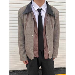 新中式宫廷几何假两件多形态人字纹老钱风夹克男高级感皮领外套男