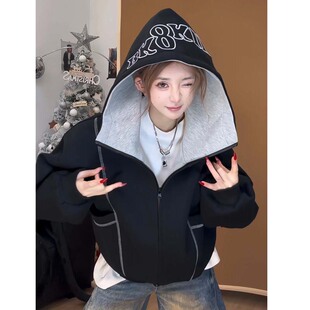 漂亮炮灰春季刺绣字母明线连帽卫衣外套男女情侣国潮上衣美式拉链