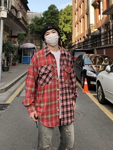 美式复古拼接撞色格子衬衫男长袖春秋痞帅高级感宽松情侣衬衣外套