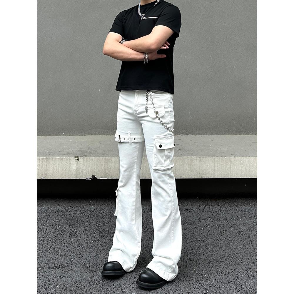 美式vibe白色绑带修身微喇叭牛仔裤高街显瘦直筒休闲工装裤子男女