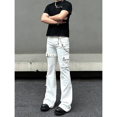 美式vibe白色绑带修身微喇叭牛仔裤高街显瘦直筒休闲工装裤子男女