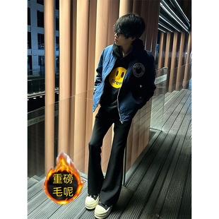 美式高街秋冬加绒黑色微喇弯刀西裤男款高级感西装裤子直筒休闲裤