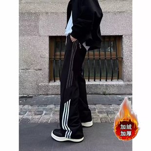 传奇商行legend原创加绒加厚百搭条纹运动裤 男拼接情侣宽松休闲裤
