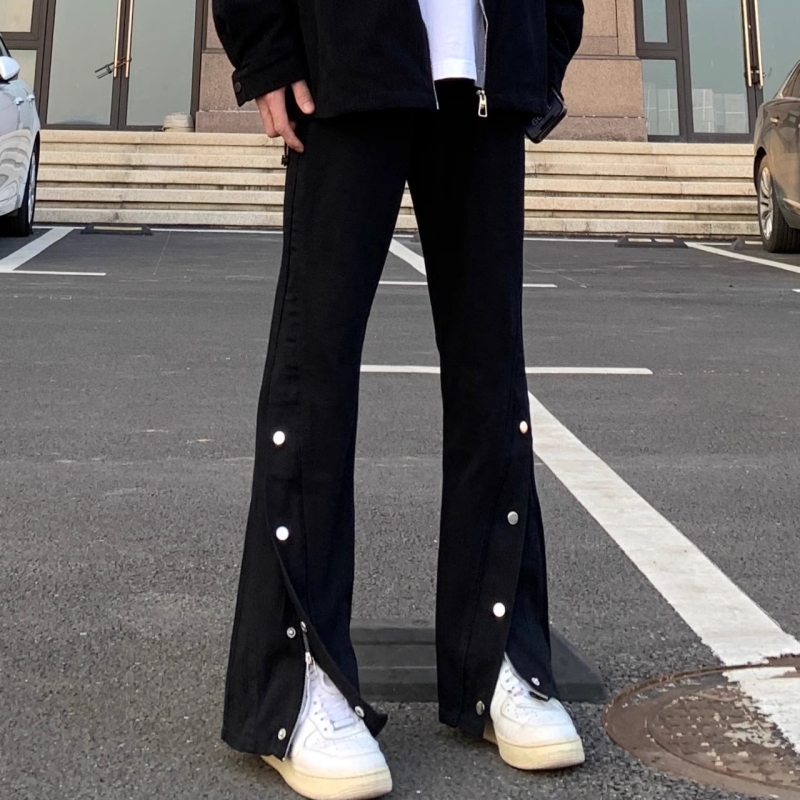 美式vibe排扣牛仔裤男生拉链设计感直筒微喇裤男女机能街头长裤子