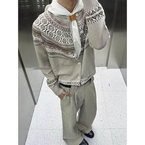 亚麻棕费尔岛提花刺绣针织长袖衬衫男早秋老钱风穿搭毛衣开衫外套