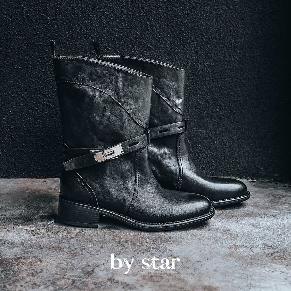 褶皱游牧风扣环低筒短靴女