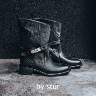 星叔手制·水洗牛皮西部靴女褶皱游牧风扣环低筒短靴女