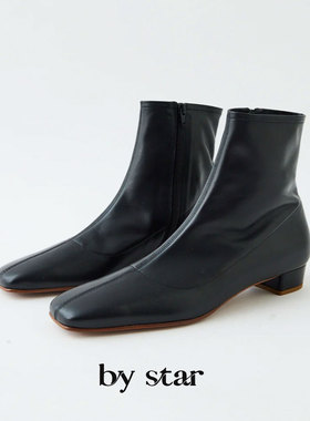 法式低跟短靴女中跟方头粗跟瘦瘦靴by far踝靴女