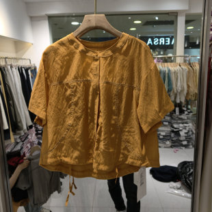 陶子频道6822休闲风短袖衬衫女宽松百搭圆领抽绳显瘦气质上衣减龄