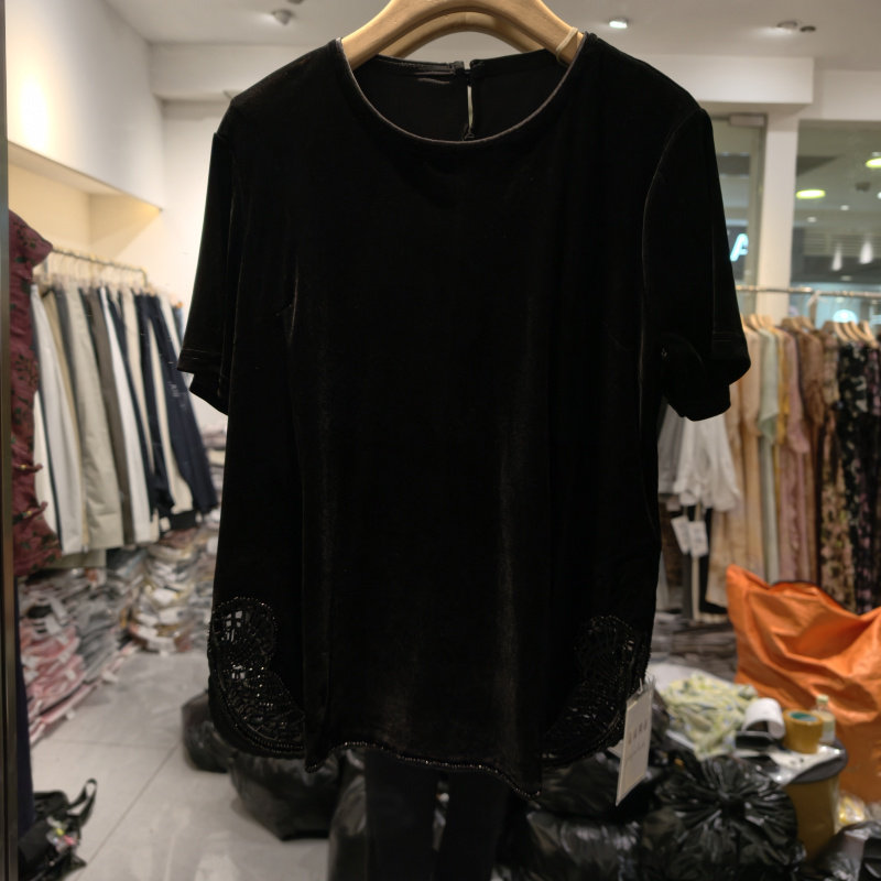 嘉福利市265755丝绒短袖衬衫女夏镂空蕾丝拼接轻奢通勤显瘦优雅