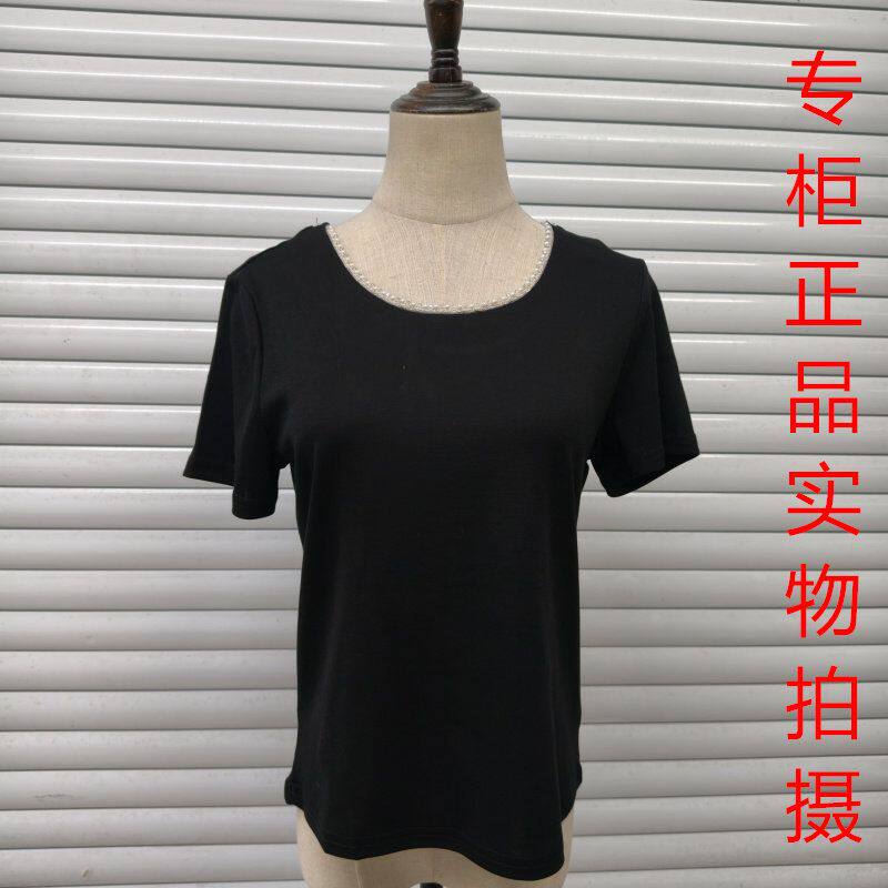 鸿潮8231黑色蕾丝拼接短袖T恤女透视方领后背百搭短款上衣2026