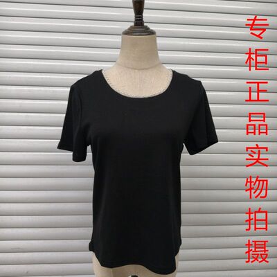 鸿潮8231黑色蕾丝拼接短袖T恤