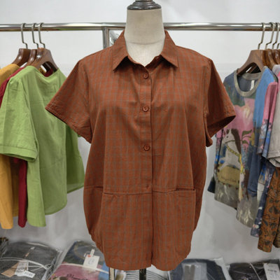 格子短袖宽松显瘦妈妈衬衫外套