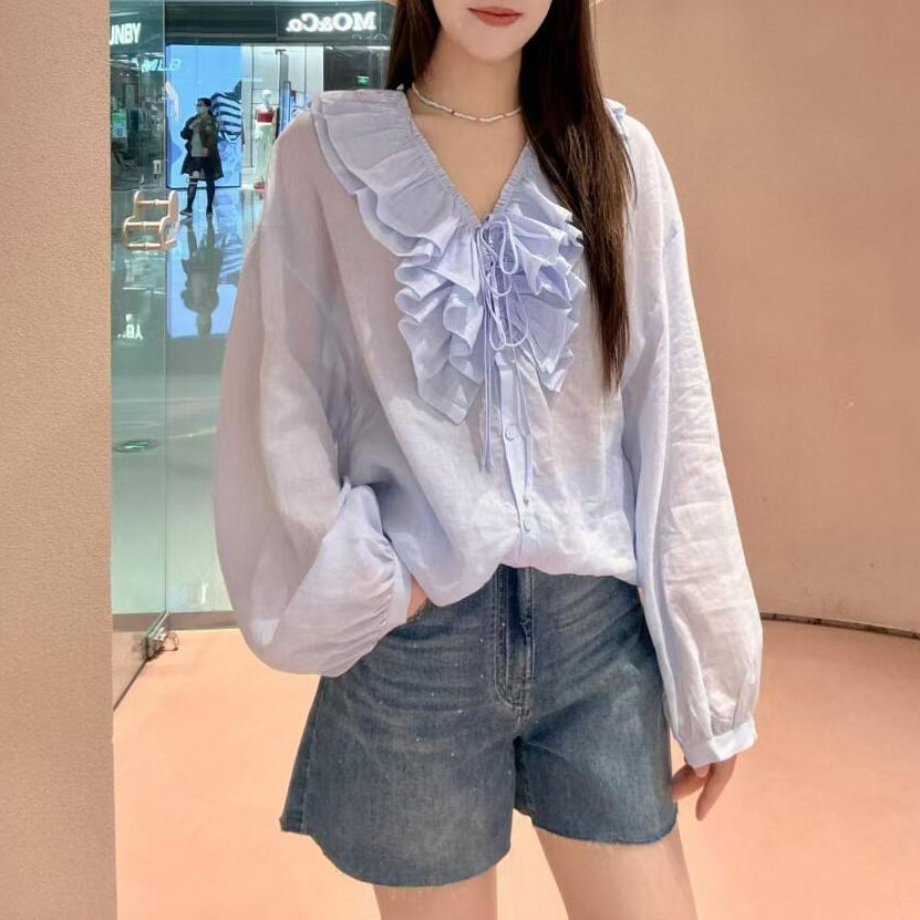 25春夏新款长袖衬衫浪漫荷叶边V领薄款上衣女宽松防嗮衫