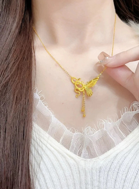 古法轻奢灵蛇与蝶蝴流苏项链女不对称小众设计感气质锁骨颈链