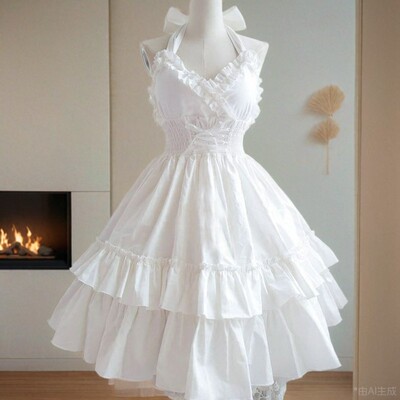 白色优雅吊带裙洛丽塔连衣裙Lolita复古软妹裙JSK吊带裙全款挂脖