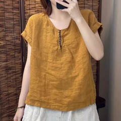 夏季新款复古100%亚麻T恤女纯色宽松显瘦圆领短袖套头衫短款上衣
