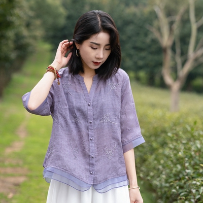 宽松文艺苎麻刺绣V领女上衣
