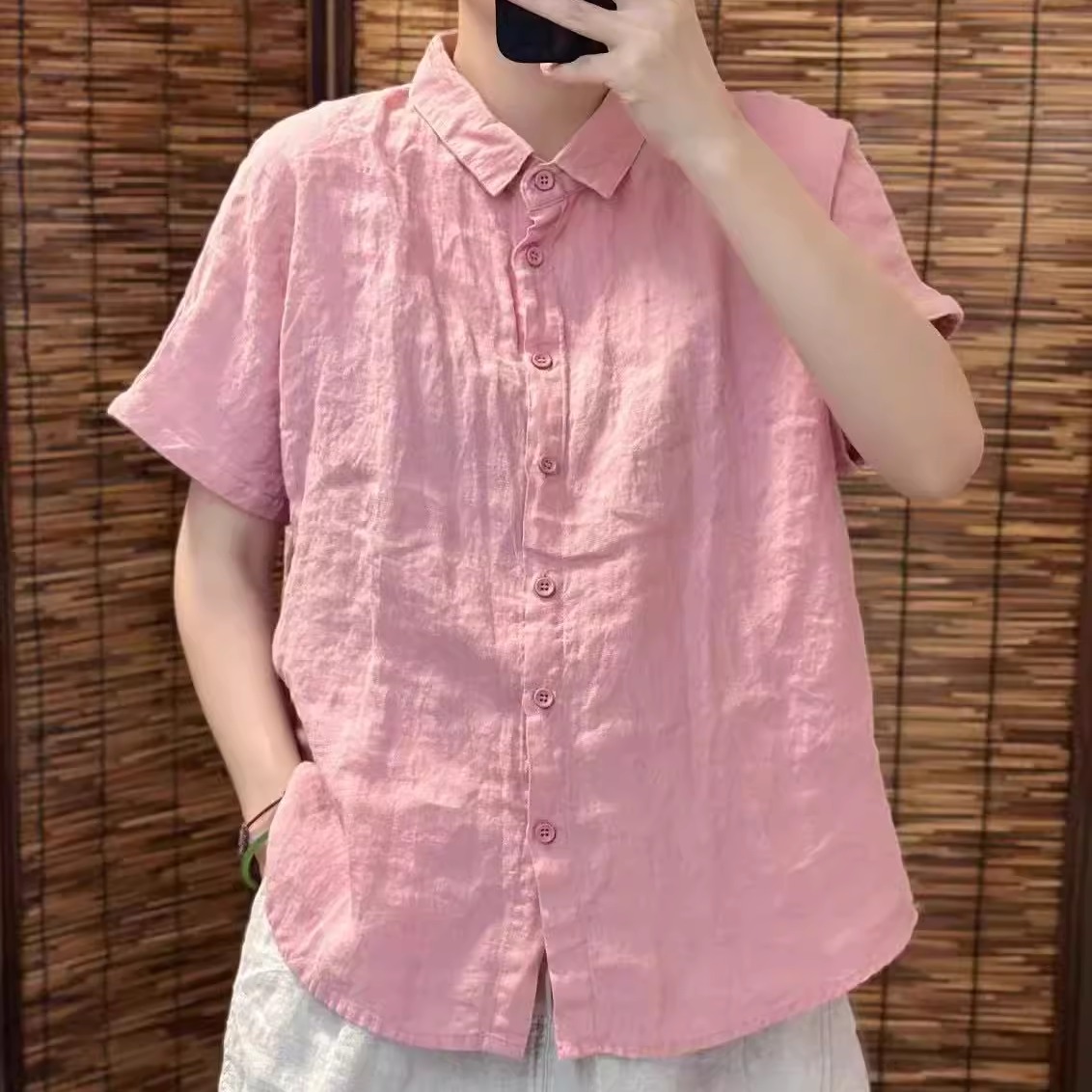 夏季简约纯色翻领100%纯亚麻短袖衬衫休闲通勤百搭显瘦T恤上衣女