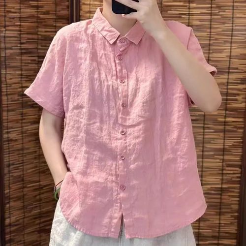 100%纯亚麻短袖衬衫显T恤上衣女