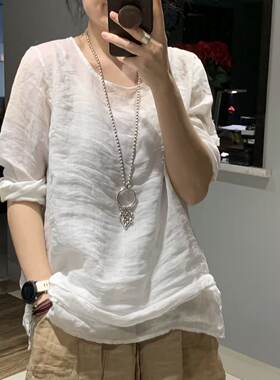 炒色炒色t恤女苎麻长袖上衣
