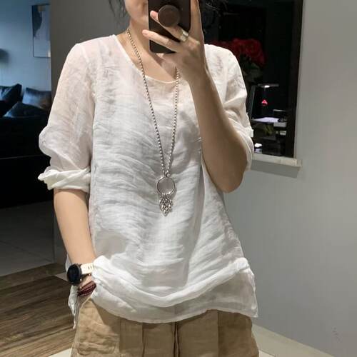 炒色炒色t恤女苎麻长袖上衣