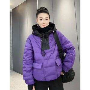 2023冬装新款韩版宽松大码显瘦休闲90白鸭绒撞色连帽套头羽绒服女
