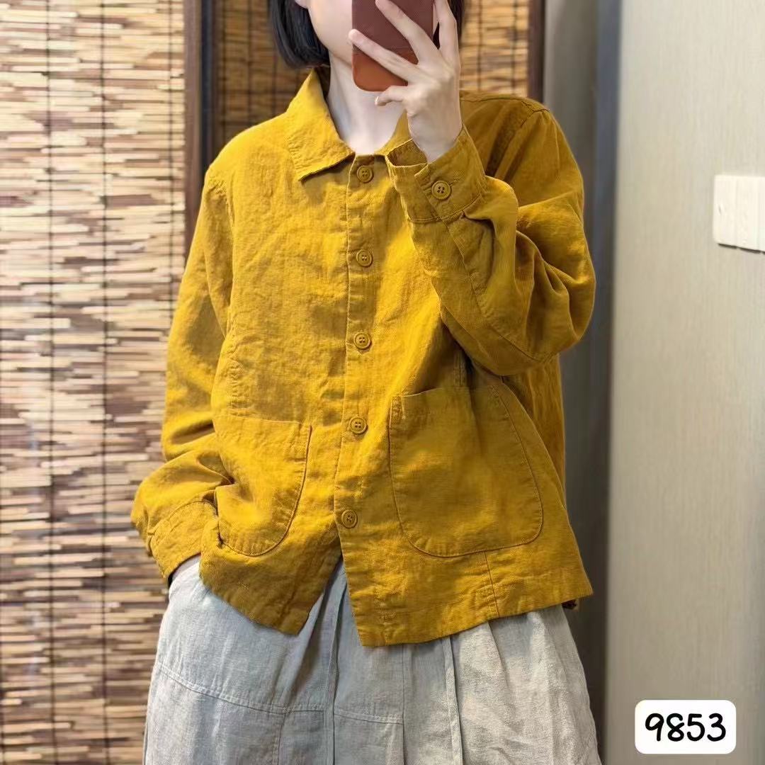 亚麻加里布外套女翻领长袖上衣