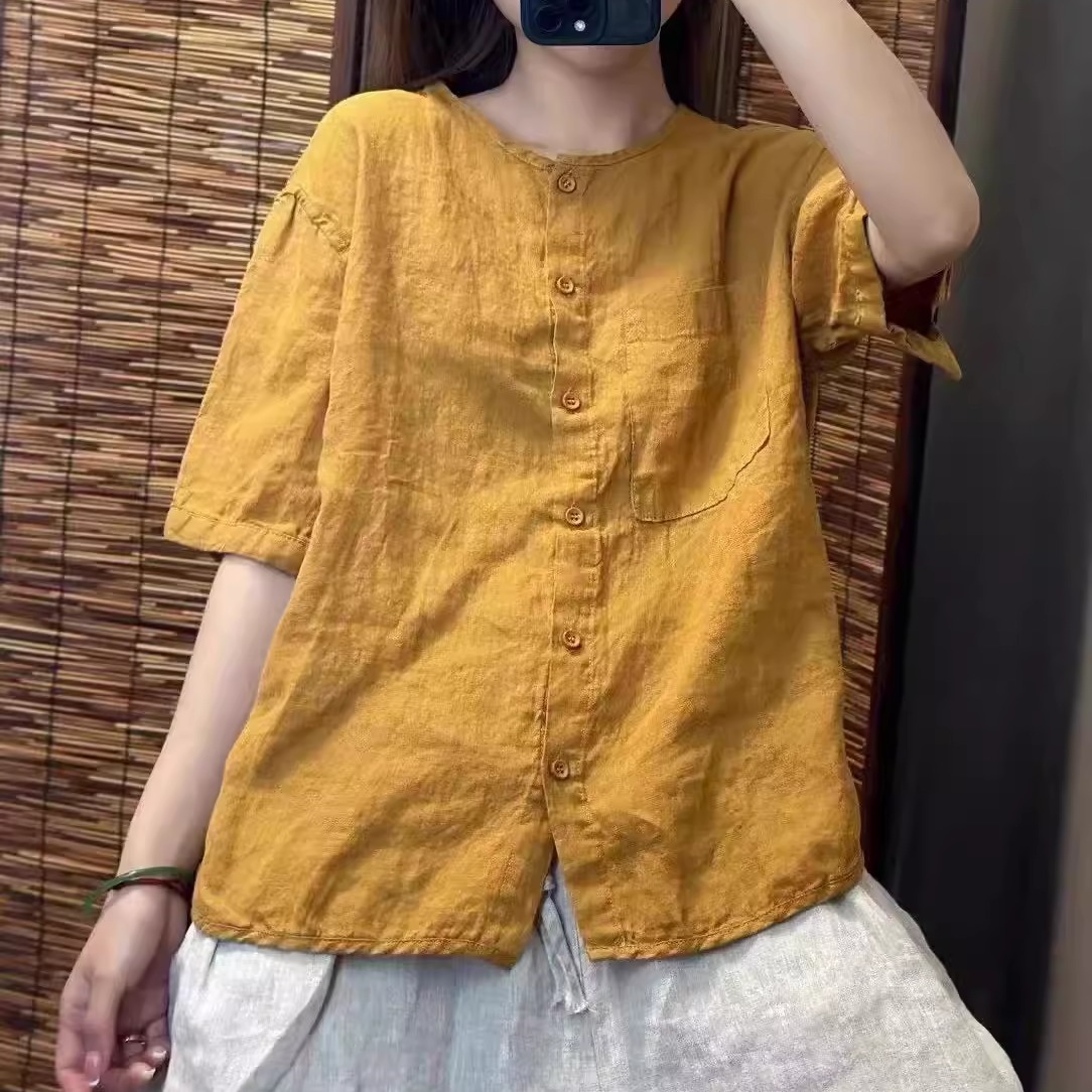 高品质100%亚麻短袖圆领衬衫女夏季休闲通勤百搭显瘦T恤开衫上衣