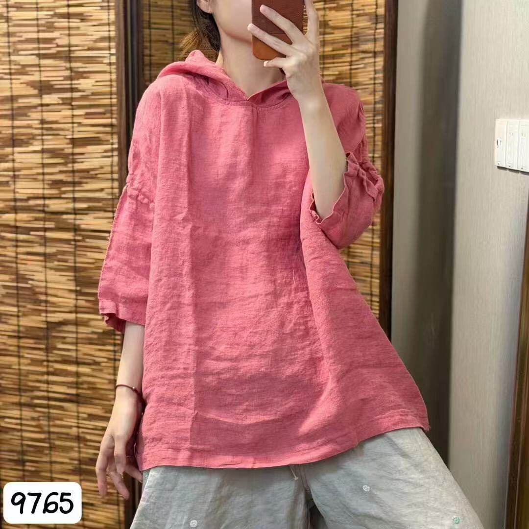夏季新款纯色100%亚麻短袖衬衫女文艺休闲气质百搭连帽套头上衣薄