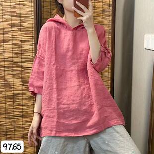夏季新款纯色100%亚麻短袖衬衫女文艺休闲气质百搭连帽套头上衣薄