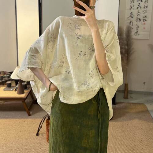 苎麻印花系带上衣小衫