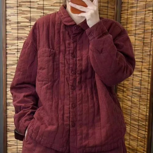 原创复古砂洗100%亚麻棉衣外套女冬季新款加厚棉袄夹棉保暖上衣