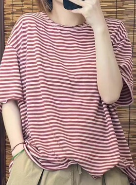 夏季新款休闲百搭纯棉短袖T恤女文艺范细条纹圆领套头打底衫上衣