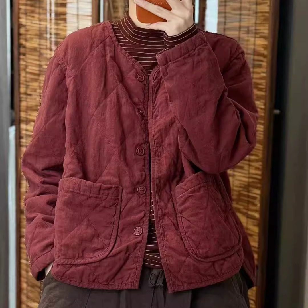 原创复古砂洗100%亚麻薄棉外套女秋冬保暖菱格长袖加厚棉服棉衣