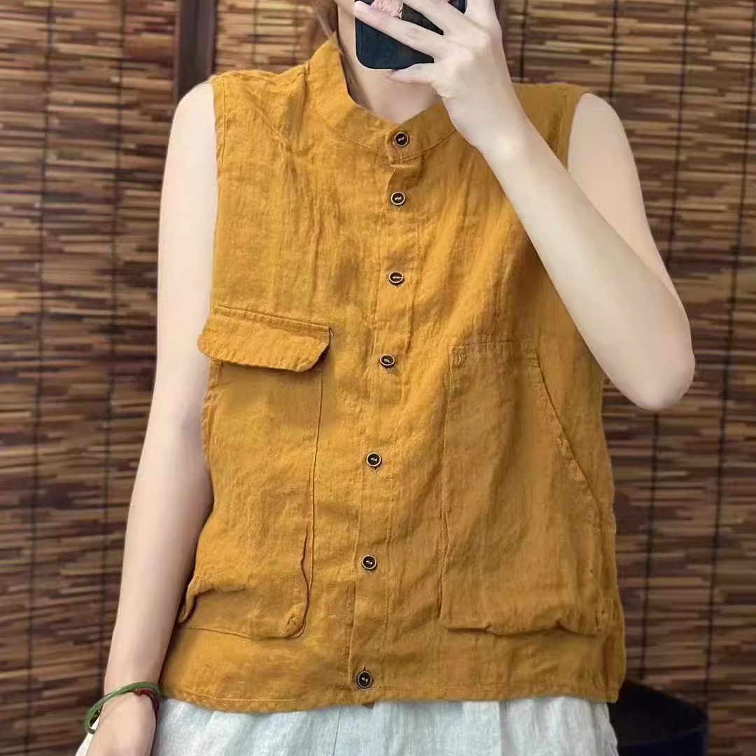 原创高品质100%亚麻无袖马甲女夏季复古文艺气质开衫外搭上衣马夹