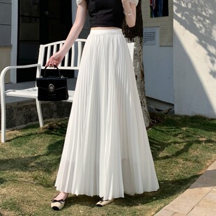 170高个子百褶裙雪纺高腰显瘦女春夏垂坠感白色半身裙大摆长裙子