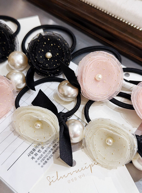 韩国Silver recipe手工欧美大牌风优雅纱纱花朵金粒珍珠设计发绳