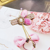JIALI韩国代购 Story玫粉色原石宝石蝴蝶结女流苏链条鸭嘴夹边夹