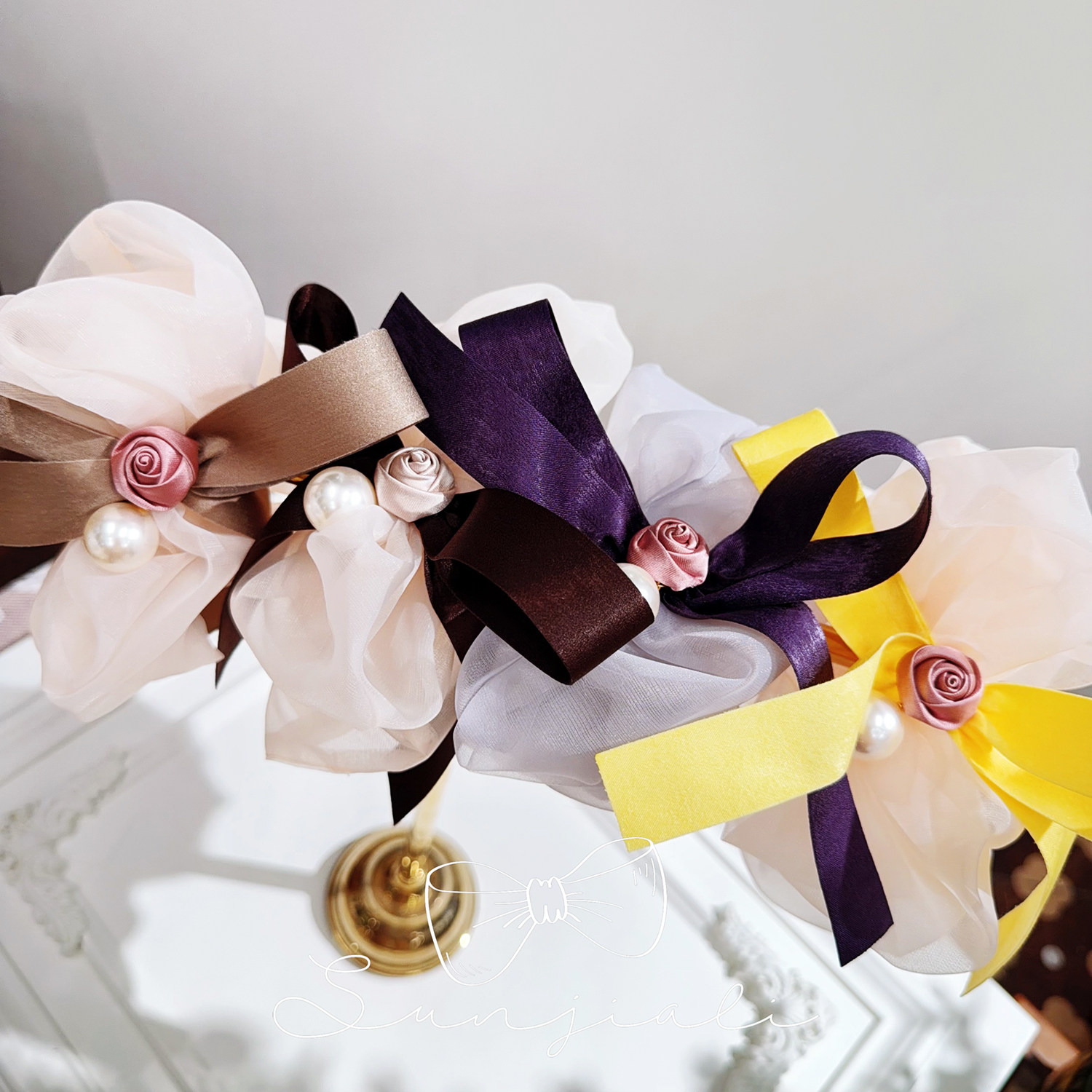 JIALI韩国新款蝴蝶结飘带温柔玫瑰花大珍珠韩系大肠圈发圈头花