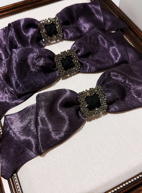 佳丽韩国代购新款阿豆款绸缎紫色名媛蝴蝶结水晶方钻扣弹簧夹顶夹