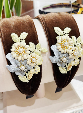 JIALI韩国Celia代购商场豆家款棕色刺绣滴釉花宽发箍发卡头箍6cm