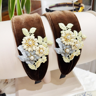 JIALI韩国Celia代购商场豆家款棕色刺绣滴釉花宽发箍发卡头箍6cm