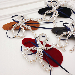 佳丽韩国LOVELY代购 珍珠蝴蝶结发夹丝带飘带丝绒BB夹侧边复古丝绒