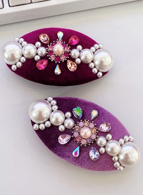 韩国CALLA代购设计师款珍珠S水晶钻丝绒施华椭圆弹簧夹半扎马尾夹