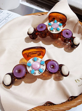 JIALI韩国Aron·s原石手工抓夹鲨鱼夹女紫色花朵亚克力盘发抓夹