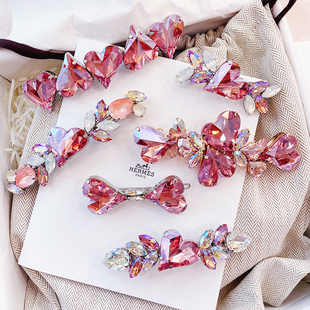 韩国PpuPpu新款大颗施家华子S粉色爱心水晶发夹合集青蛙扣弹簧夹