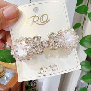 韩国进口新RO发夹刘海夹双巴洛克珍珠蝴蝶结弹簧夹水晶原石轻奢